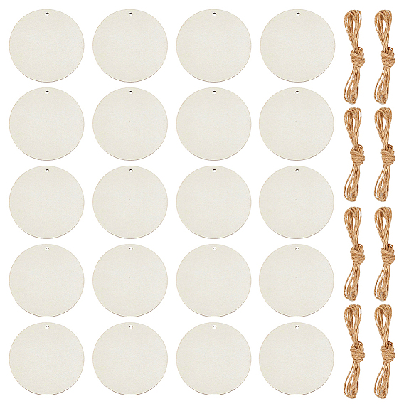 50Pcs Unfinished Wood Big Pendants, with 5Pcs Jute Cord, Flat Round