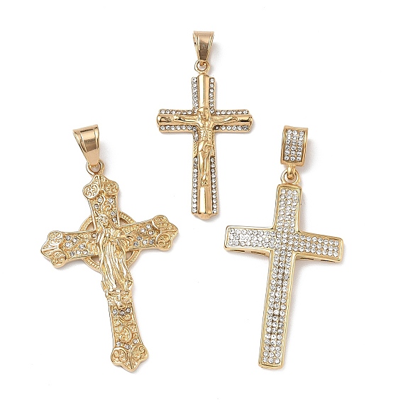 304 Stainless Steel Pendants, with Crystal Rhinestone, Cross Charms, Ion Plating(IP), Long-Lasting Plated