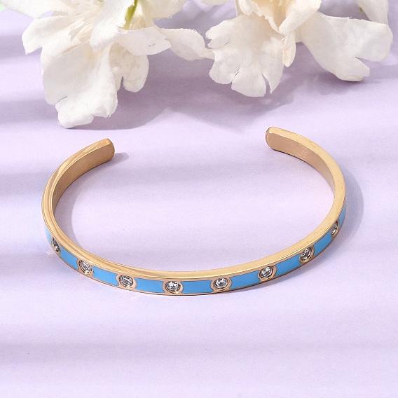 304 Stainless Steel Pave Clear Cubic Zirconia Open Cuff Bangles for Women, with Enamel, Ion Plating(IP), Deep Sky Blue