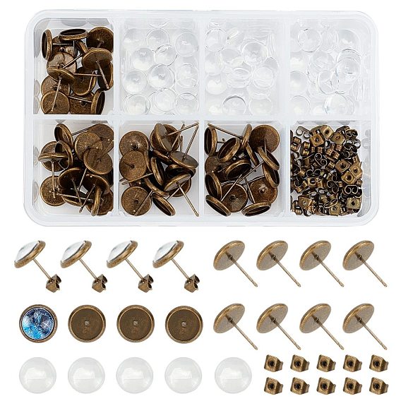 DIY 30 Pairs Half Round Stud Earring Making Kits, Including Transparent Glass Cabochons, Brass Stud Earring Settings and Iron Ear Nuts
