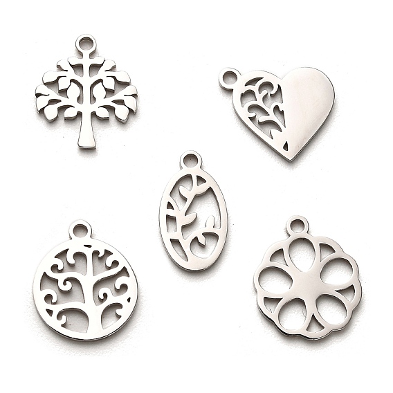 316 Surgical Stainless Steel Pendants, Laser Cut, Oval/Heart/Flat Round with Tree of Life Charm, Stainless Steel Color