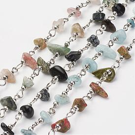 Natural Gemstone Chips Handmade Beaded Chains, Unwelded, with Brass Beads and Iron Pins