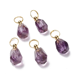 Natural Amethyst Openable Perfume Bottle Pendants, with Golden Tone Brass Findings, Faceted Nuggets Charm