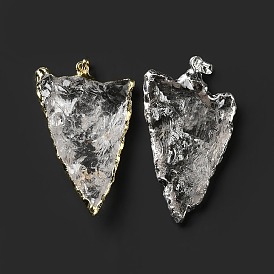 Natural Quartz Crystal Pendants, Rock Crystal Pendants, Triangle Charms, with Rack Plating Brass Findings