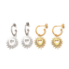 304 Stainless Steel Ring with Heart Dangle Stud Earrings, Half Hoop Earrings for Women