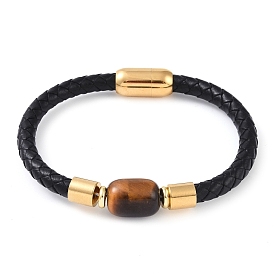 Column Natural Tiger Eye Bead Leather Cord Bracelets, with Ion Plating(IP) 304 Stainless Steel Magnetic Clasps, for Men Women