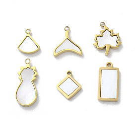 Ion Plating(IP) 304 Stainless Steel Pendants, with Pave Shell, Real 18K Gold Plated, Leaf/Fan/Fishtail Charm