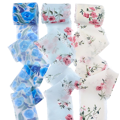 3 рулоны 3 стили, цветочный узор, полиэстеровая лента, бахрома с необработанными краями, для свадебных приглашений, букеты, Подарочная упаковка