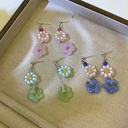 Pendientes colgantes de aleación con diseño de vidrio soplado, flor, dorado