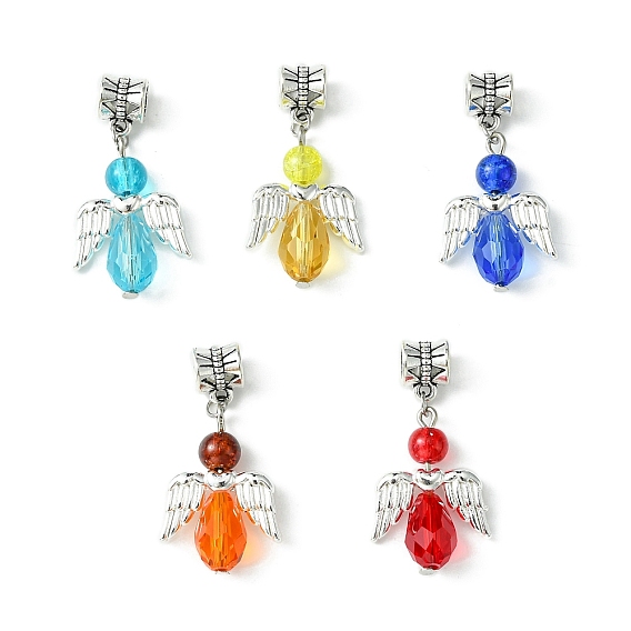 Glass European Dangle Charms, Large Hole Angel Pendants with Silver Color Plated Wings