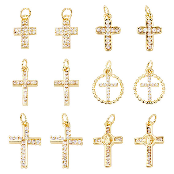 12 шт 6 стили латунные подвески из микропаве с фианитом, крестик, без свинца и без кадмия, долговечный, стойки покрытие, с целью перехода в кольце