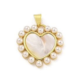 Rack Plating Brass Pave Natural Shell Pendants, Heart Charms with ABS Plastic Pearl, Cadmium Free & Lead Free, Long-Lasting Plated