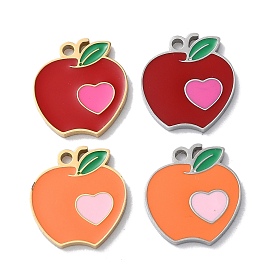 304 Stainless Steel Charms, with Enamel, Apple with Heart Charm