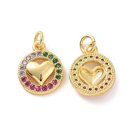 Brass Micro Pave Colorful Cubic Zirconia Charms, with Jump Ring, Flat Round with Heart
