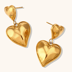 Minimalist Stainless Steel Gold Plated Heart Drop Earrings - Two Sizes