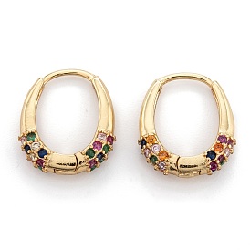 Brass Micro Pave Cubic Zirconia Huggie Hoop Earrings, Oval, Real 18K Gold Plated