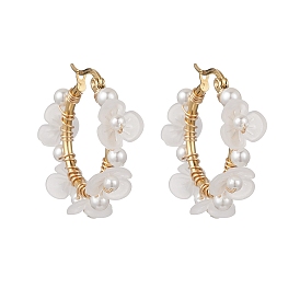 Серьги-кольца с цветочным узором из ракушечного жемчуга и акриловых бусин, с 304 обмоткой из нержавеющей стали