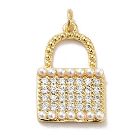 Brass Micro Pave Cubic Zirconia Pendants, with Plastic Imitation Pearl and Jump Ring, Long-Lasting Plated, Real 18K Gold Plated, Padlock