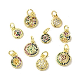Brass Micro Pave Cubic Zirconia Charms, Real 18K Gold Plated, Flat Round Charms