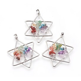 Mixed Gemstone Chakra Big Pendants, with Brass Findings, for Jewish, Star of David