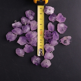 Natural Druzy Amethyst Pendants, with Platinum Tone Brass Findings, Nuggets