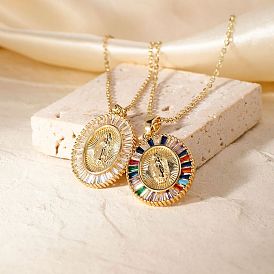 Brass Cubic Zirconia Oval Design Virgin Mary Pendant Exquisite Necklaces, Golden