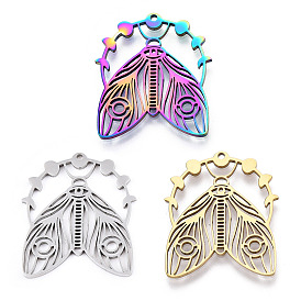 304 Stainless Steel Pendants, Laser Cut, Moon Phase with Moth Charm