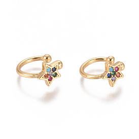Golden Plated Brass Micro Pave Cubic Zirconia Cuff Earrings, Long-Lasting Plated, Star