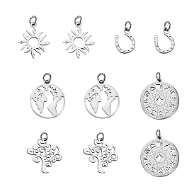 12Pcs 6 Styles Stainless Steel Pendants, Mixed Shapes