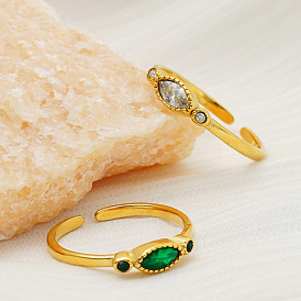 304 Stainless Steel Pave Cubic Zirconia Cuff Open Rings, Horse Eye, Golden