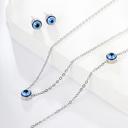 Evil Eye Stainless Steel Stud Earring & Bracelets & Necklaces Set, with Enamel