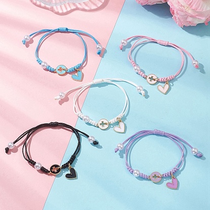 Сплав шарм браслеты, плетеные корейские регулируемые браслеты из вощеного полиэстера для женщин, крест и сердце, с абс пластмассовыми жемчужными бисером