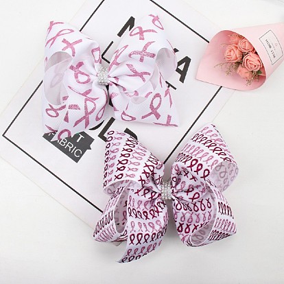 Breast Cancer Pink Awareness Ribbon Girls Hair Accessories, Cloth & Rhinestone Alligator Hair Clips, with Alloy Clips, Bowknot