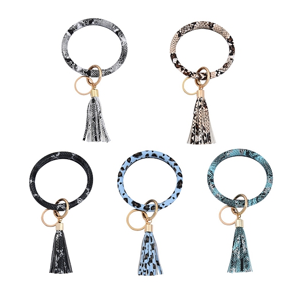 Leopard Print Pattern PU Imitaition Leather Bangle Keychains, Wristlet Keychain with Tassel & Alloy Ring