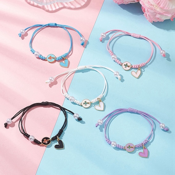 Сплав шарм браслеты, плетеные корейские регулируемые браслеты из вощеного полиэстера для женщин, крест и сердце, с абс пластмассовыми жемчужными бисером
