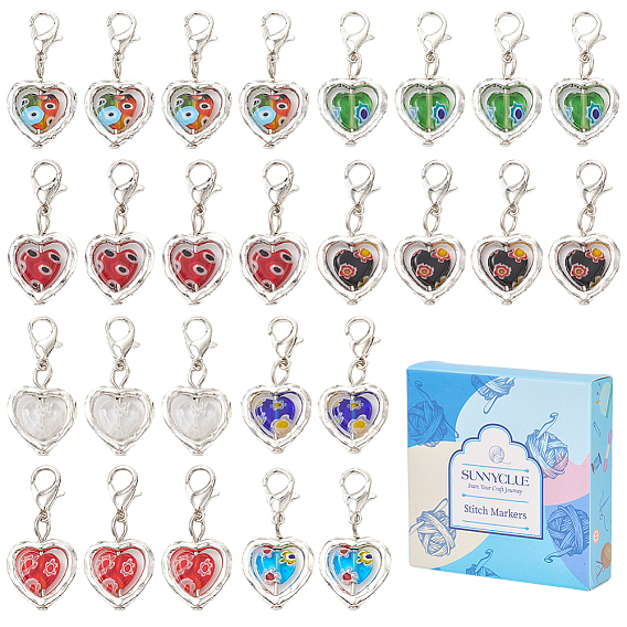 50 шт. подвесные украшения из стекла и сплава в форме сердца миллефиори, Подвески с застежками-когтями омара для украшения сумок, с 1кольцами-подвесками из латуни для бокалов из поликарбоната