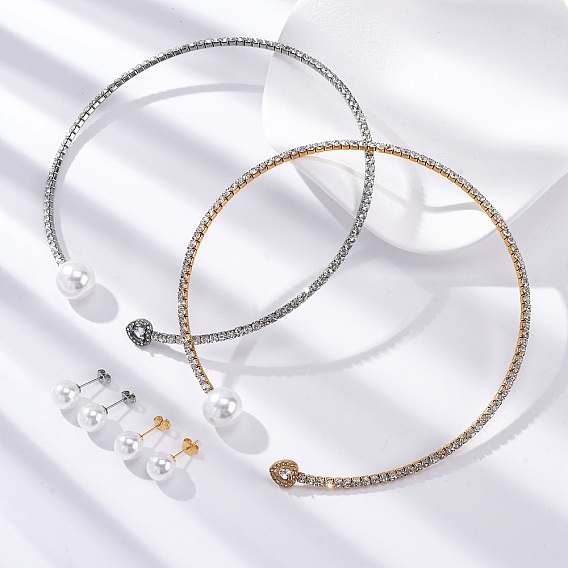 Круглые пластиковые серьги-гвоздики с имитацией жемчуга и комплекты колье-чокера в форме сердца с кубическими цирконами и стразами, 304 комплект украшений из нержавеющей стали для женщин