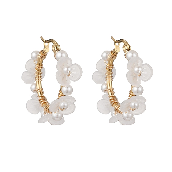 Серьги-кольца с цветочным узором из ракушечного жемчуга и акриловых бусин, с 304 обмоткой из нержавеющей стали