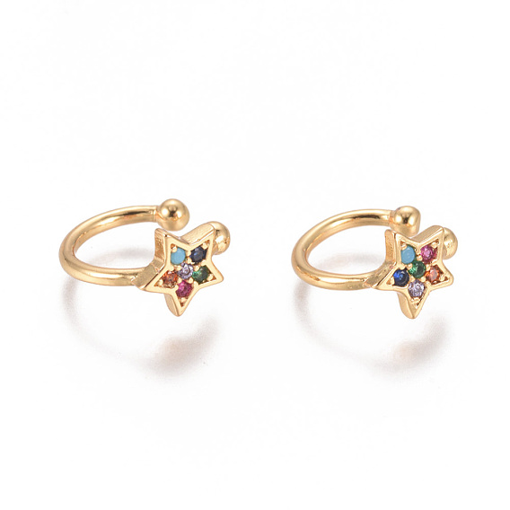 Golden Plated Brass Micro Pave Cubic Zirconia Cuff Earrings, Long-Lasting Plated, Star