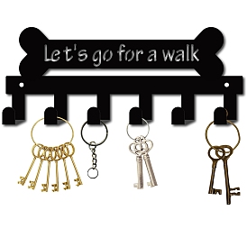 Iron Wall Mounted Hook Hangers, Decorative Organizer Rack with 6 Hooks, for Bag Clothes Key Scarf Hanging Holder, Bone with Words Let's Go For A Walk