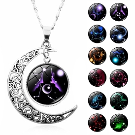 Alloy Cable Chain Necklaces, Glass Constellation & Crescent Moon Pendant Necklaces for Women