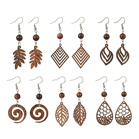 6 Pairs 6 Styles Natural Walnut Wood Dangle Earrings for Women, Mixed Shapes