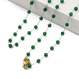 Ion Plating(IP) 304 Stainless Steel Chain Long Necklaces, 3mm Faeted Round Green Glass Link Chain Necklaces for Women