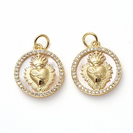 Golden Tone Brass Micro Pave Cubic Zirconia Pendants, with Shell and Jump Rings, Flat Round with Heart