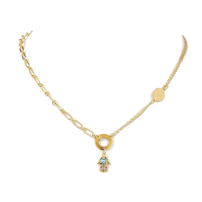 Brass Micro Pave Cubic Zirconia Hamsa Hand Pendant Necklaces, Stainless Steel Links and Brass Chain Necklaces