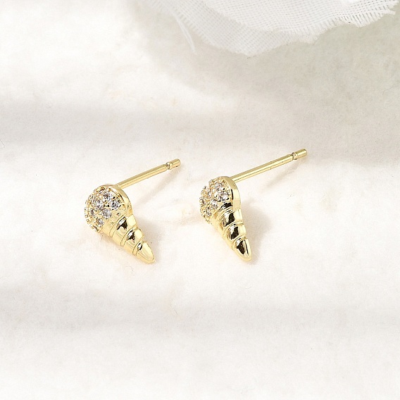 Серьги-гвоздики из латуни с микропаве и прозрачными кубическими циркониями в форме раковины., без кадмия и без свинца, долговечный, стойки покрытие