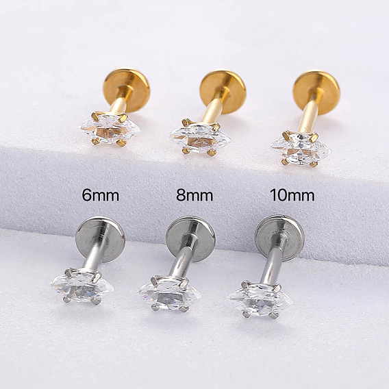 316l Лабретт-гвоздик из нержавеющей стали с прозрачным кубическим цирконием без резьбы, козелок шпилька, плоская серьга сзади