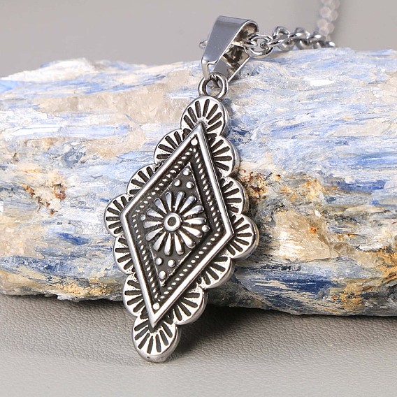 Богемный винтаж 304 Женские ожерелья с подвеской в виде ромба из нержавеющей стали с гравировкой в виде цветка