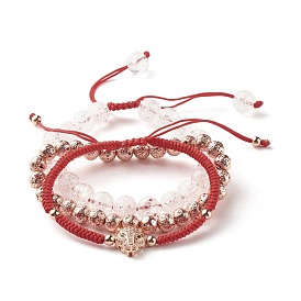 Natural Crackle Quartz & Lava Rock Braided Bead Bracelets Set, Leopard Brass Cubic Zirconia Beads Bracelets for Women, Red