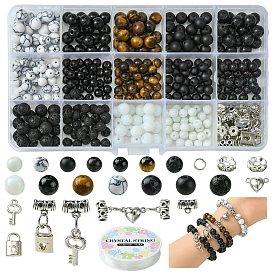 Kit de fabrication de bracelets pour couple à faire soi-même, y compris des pierres précieuses naturelles et synthétiques mélangées et des perles rondes en verre, fermoirs magnétiques de coeur d'alliage, clé squelette et pendentifs en plastique de serrure
